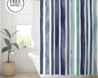 Fabric Shower Curtain for Bath | Watercolor Striped Navy, Aqua, White | Good for Coastal Design Bathroom Decor | Cute Bathroom Accessories