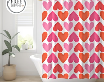 Shower Curtain w/ Pink and Red Hearts – Modern Bathroom Decor with Bold Watercolor Pattern, Cute & Whimsical Shower Curtain