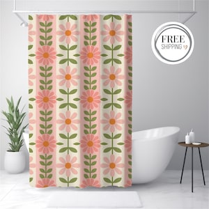 Shower Curtain - Retro Floral, Pink and Orange Daisy Bath Decor, Groovy Boho Bathroom Curtain, Mid-Century Modern Flower Print