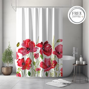 Shower Curtain - White with Red California Poppy Flowers, Botanical Decor, Floral Bath Design - Perfect for a Guest, VRBO or AirBnB Bathroom