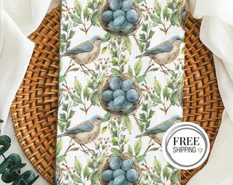 Spring Tea Towel - BlueBirds & Nests, Botanical Print Kitchen Decor, Bird Gift, Dish / Hand Towels Kitchenware, House Warming / Hosting Gift