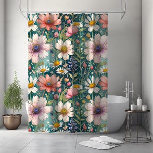Wildflower Shower Curtain, Cottagecore Floral Bathroom Decor, Botanical Daisy Bath Curtain, Garden-Inspired Spring Gift for Her