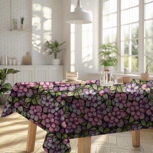 Floral Tablecloth for Spring / Summer – Vintage Botanical Table Cover with Pink & Purple Blooms, Cottagecore Garden Party Decor
