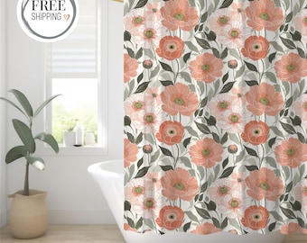 Floral Shower Curtain with Coral & Blush Flowers – Cottagecore Botanical Bathroom Curtain, Modern Garden Style Bath Decor