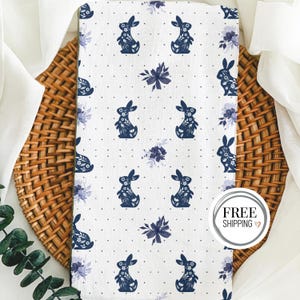 Easter Bunny Tea Towel – Floral Blue Rabbit Kitchen Towel with Watercolor Flowers, Spring Hostess Gift, Farmhouse Easter Decor