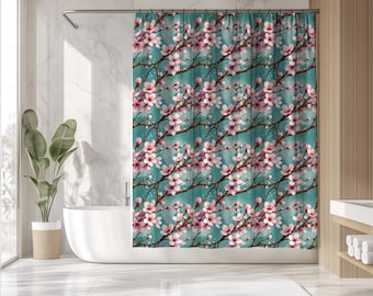 Cherry Blossom Shower Curtain – Sakura Floral Bathroom Decor, Pink Flower Print Curtain, Spring Botanical Bath Accent