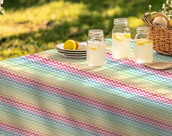 Tablecloth w/ Colorful Chevron Print – Rainbow Party Table Cover, Modern Kitchen Decor, Vibrant Boho Table Linen for Spring & Summer