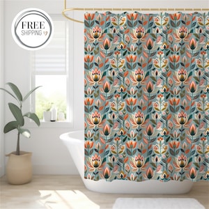 Folk Floral Shower Curtain | Cottagecore Botanical Bathroom Decor, Autumn Flower Print, Earthy Boho Shower Curtain