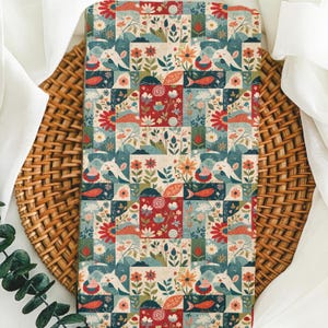 Whimsical Woodland Floral Tea Towel with Patchwork Birds & Leaves – Cottagecore Kitchen Decor, Autumn Forest Dish Towel