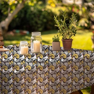 Farmhouse Chicken Tablecloth • Vintage Floral Rooster Table Cover • Country Kitchen Decor • Yellow & White Hen Table Linen