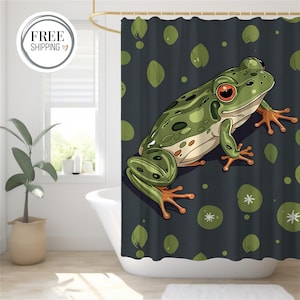 Frog Shower Curtain – Cute Green Tree Frog Bathroom Decor | Cottagecore Shower Curtain for Guest Bath or Airbnb Nature Theme