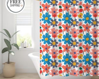 Shower Curtain - Bright & Bold Flower Print, Perfect for a Kids, Guest, VRBO or AirBnB Bathroom, Cute Dopamine Floral Decor, Whimsical Style