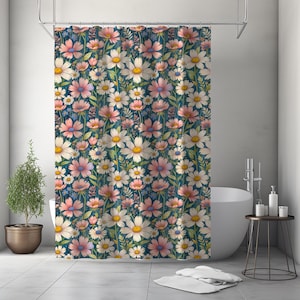 Wildflower Shower Curtain, Cottagecore Bathroom Decor, Floral Botanical Bath Curtain, Spring Daisy Garden Curtain Gift for Her