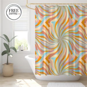 Groovy Retro Swirl Shower Curtain | 70s Psychedelic Bathroom Decor | Colorful Wavy Abstract Print | Funky Boho Vibe