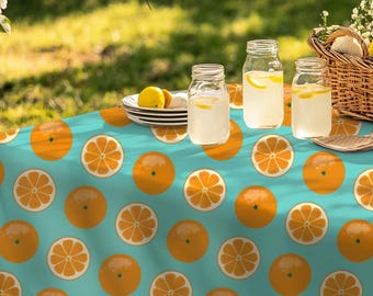 Citrus Tablecloth – Bright Orange Fruit Pattern on Aqua, Summer Table Decor, Tropical Kitchen Style, Juicy Outdoor Tablecloth