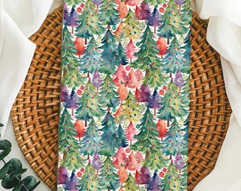 Christmas Tree Tea Towel – Watercolor Holiday Kitchen Towel – Colorful Winter Decor – Festive Christmas Gift for Hostess or Home
