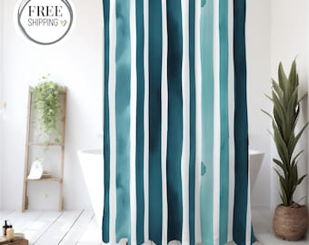 Modern Coastal Stripe Shower Curtain – Blue Green Teal Vertical Watercolor Lines, Nautical Bathroom Decor