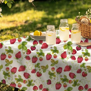 May include: White tablecloth with a strawberry pattern. The tablecloth is set with four glasses of lemonade and a plate of lemons.