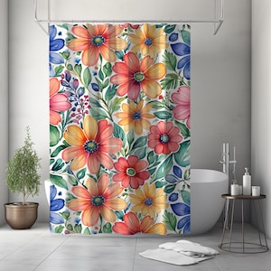 Floral Shower Curtain - Bright Wildflower Bathroom Decor – Colorful Boho Garden Style - Fabric Bath Curtain for Spring & Summer