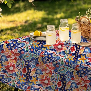 Mediterranean Tile Tablecloth – Colorful Floral Table Cover, Spanish Style Dining Decor, Blue Red Yellow Summer Tablecloth