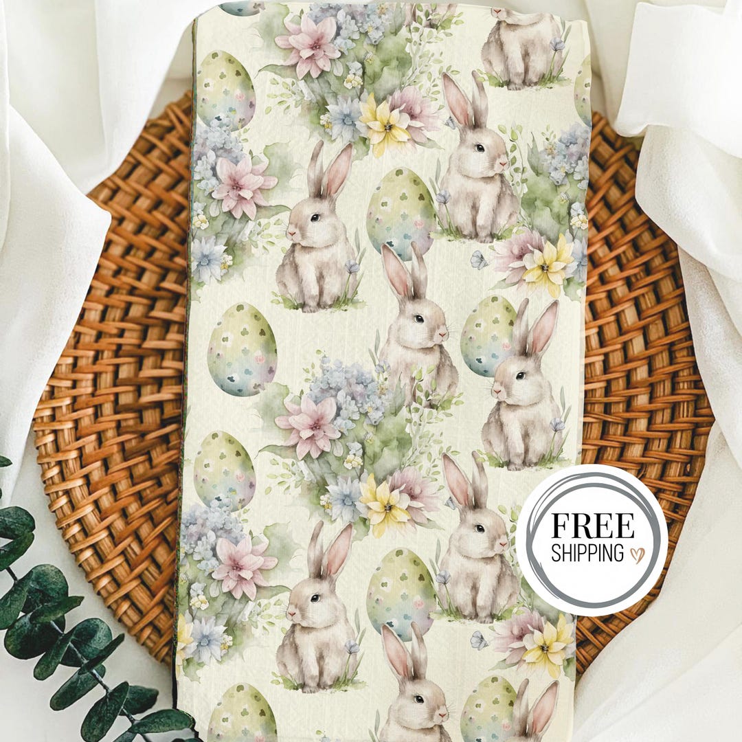 Easter Tea Towel - Bunny Rabbit, Eggs & Pastel Botanical Florals ...