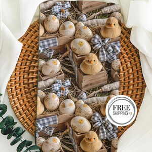 May include: A repeating pattern of yellow and white Easter eggs with painted faces, nestled in straw and wooden crates.  Small yellow chicks are also included in the design.  The text "FREE SHIPPING" is in a circle at the bottom right of the image.