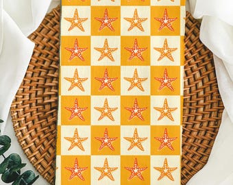 Coastal Starfish Tea Towel | Beach Kitchen Decor | Nautical Housewarming Gift | Orange and Cream Sea Star Towel | Summer Beach House Linen