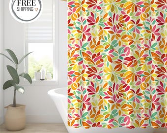 Colorful Floral Burst Shower Curtain | Boho Spring Bathroom Decor | Bright Leafy Flower Pattern | Cheerful Nature-Inspired Design