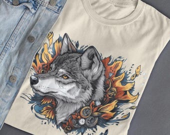 Fiery Wolf T-Shirt - Artistic Wildlife Design with Floral Accents Wolf Gift