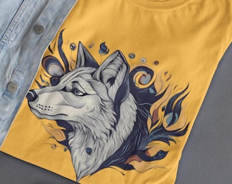 Fiery Wolf T-Shirt - Artistic Wildlife Design with Floral Accents Wolf Gift
