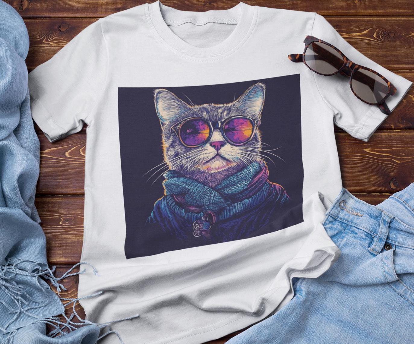 Neon Retro Cat T-Shirt, Vibrant Psychedelic 80s Aesthetic, Skibidi Disorder Funny Cat TShirt Gift for Woman and Man, Silly Cats Tee