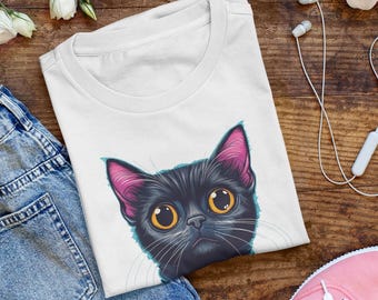 Gothic Black Cat T-Shirt, Skull Detail, Mystical Design