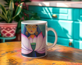 Lotus Goddess Coffee Mug, Sacred Feminine Art, Boho Yoga Gift