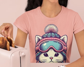 Camiseta de Gatito Esquiador – Gatito Hipster Vintage con Gafas