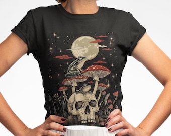 Frog on Skull T-Shirt, Mushroom Moonlit Design
