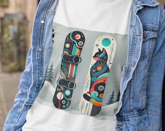 Könnte beinhalten: Ein weißes T-Shirt mit einem farbenfrohen Grafikdesign von zwei Snowboards. Ein Snowboard hat ein schwarzes Katzendesign und das andere ein geometrisches Muster.