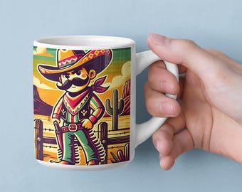Taza de cerámica retro del oeste, vaquero español, atardecer en el desierto (325 ml, 430 ml)