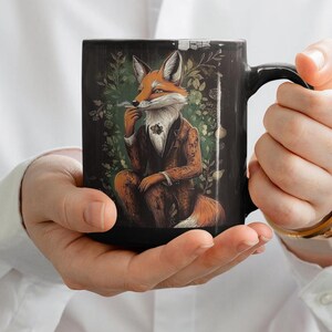 Elegant Fox Mug - Dapper Anthropomorphic Design with Vintage Charm, Fox Gift, Black Mug (11oz, 15oz)