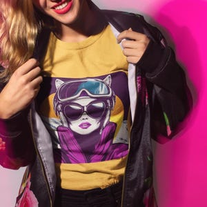 Retro Cool Cat T-Shirt 80s Inspired Neon Apres Ski Shirt Club Ski Bachelorette Winter Bachelorette Apres Ski Tee Aspen Tshirt Ski Sweater
