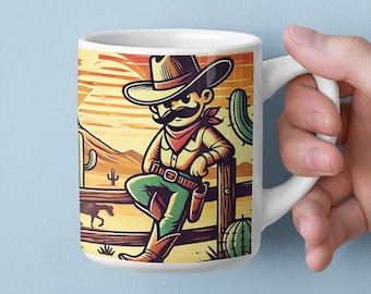 Taza de cerámica retro de vaquero del oeste, atardecer en el desierto de los años 50