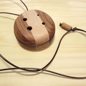 Op de afbeelding: Een houten hangerketting met een rond, tweekleurig ontwerp. De hanger heeft een donkerbruine houten buitenring en een lichtere houten streep in het midden. Er zijn drie gaten in de hanger geboord. Een bruin leren koord is bevestigd.