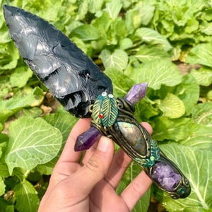 9.8&#39;&#39;+ Natural Obsidian crystal,quartz crystal,Big Obsidian knife,Home Decoration,hand carved,crystal knife,Crystal Gifts 1pc
