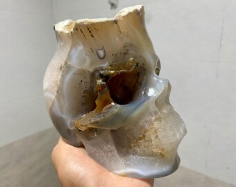 Caveira de cristal de quartzo geodo de ágata natural: decoração para casa esculpida à mão (5,9'')