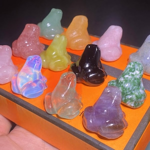 Op de afbeelding: Een verzameling van twaalf edelsteen kikker beeldjes in diverse kleuren, waaronder roze, groen, geel en paars. De kikkers zijn gerangschikt op een oranje doos, die hun unieke texturen en tinten benadrukt. De edelstenen lijken gepolijst en glad.