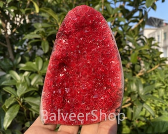 Red Quartz Geode Specimen: Hand Carved Crystal Home Decor