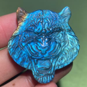 Hand Carved Labradorite Crystal Tiger Skull: Home Decor
