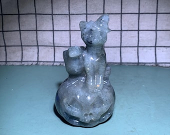 Cráneo de pájaro de cristal de labradorita natural de 7,4 cm (2,9 pulgadas), figura de gato de cristal tallada a mano