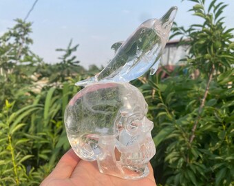 Caveira de golfinho em cristal de quartzo esculpida à mão: decoração natural para casa (6,1'')