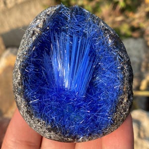 Könnte beinhalten: Eine Geode mit dunkelgrauer Außenseite, die einen lebendigen Cluster aus leuchtend blauen, nadelförmigen Kristallen im Inneren zeigt. Die Kristalle strahlen von der Mitte aus und erzeugen einen auffälligen visuellen Kontrast. Die Geode wird in einer Hand gehalten.