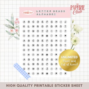 May include: A printable sticker sheet featuring letter beads in a grid pattern. The sheet includes the alphabet, punctuation marks, and various symbols. The text "LETTER BEADS ALPHABET" is at the top, with additional text that reads "UNLIMITED Print and Cut at home!" and "HIGH QUALITY PRINTABLE STICKER SHEET".